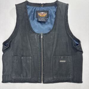 Harley Davidson Leather Womens Black Biker Vest Braided Trim Blue Lining Size XL